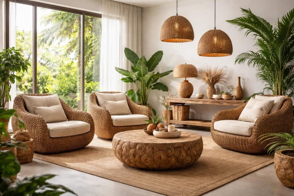 découvrez comment la noix de coco, matériau écologique et durable, s'invite dans nos intérieurs pour un design naturel et responsable.