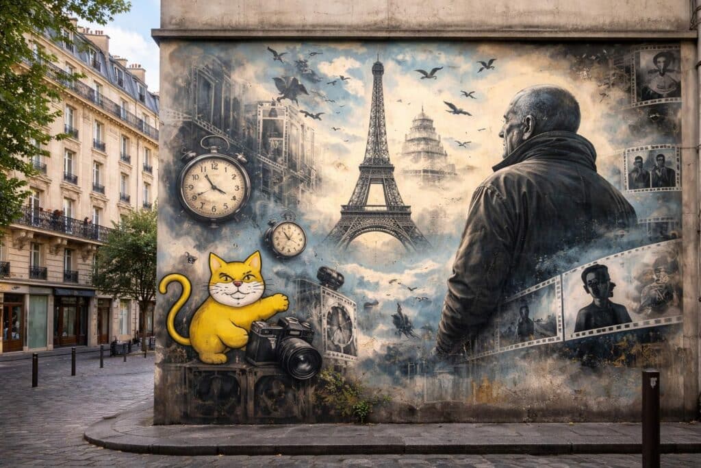 découvrez le street art à paris avec un hommage vibrant à chris marker réalisé par l'artiste m. chat, mêlant créativité urbaine et hommage culturel.